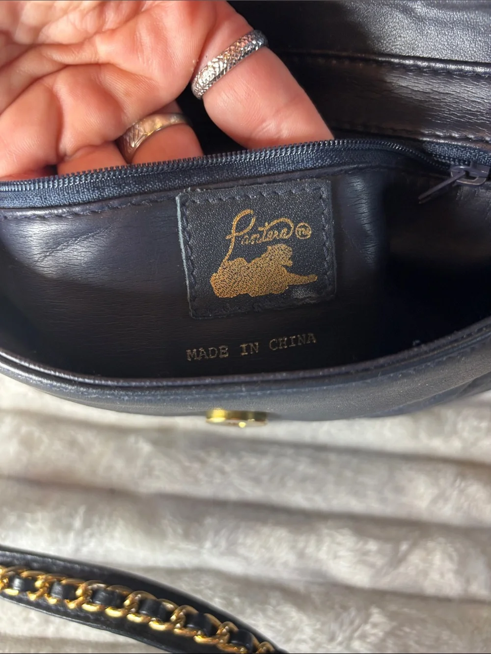 Pantera Vintage Navy Semi-Circle Leather Crossbody Bag with Gold Chain